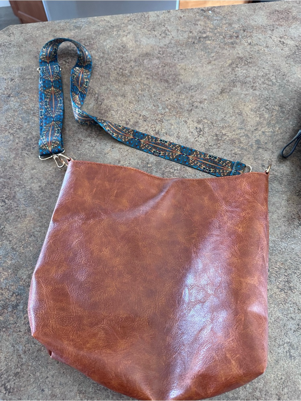 Tan faux Leather Shoulder Bag with Patterned Strap
